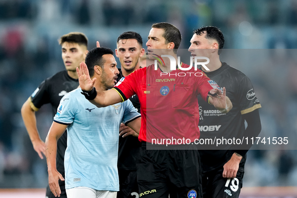 Referee Nicola Ayroldi gestures during the Serie A Enilive match between SS Lazio and Cagliari Calcio at Stadio Olimpico on November 4, 2024...