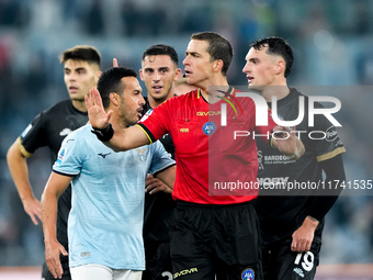 Referee Nicola Ayroldi gestures during the Serie A Enilive match between SS Lazio and Cagliari Calcio at Stadio Olimpico on November 4, 2024...