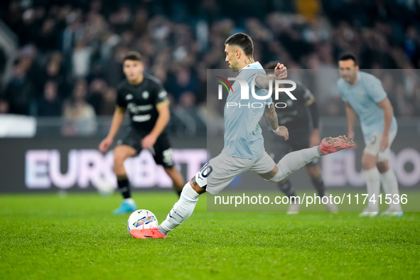 Mattia Zaccagni of SS Lazio scores second goal during the Serie A Enilive match between SS Lazio and Cagliari Calcio at Stadio Olimpico on N...