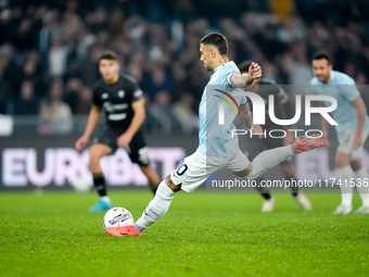 Mattia Zaccagni of SS Lazio scores second goal during the Serie A Enilive match between SS Lazio and Cagliari Calcio at Stadio Olimpico on N...