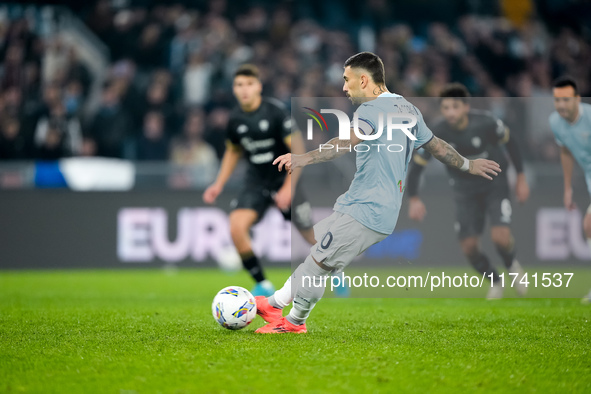 Mattia Zaccagni of SS Lazio scores second goal during the Serie A Enilive match between SS Lazio and Cagliari Calcio at Stadio Olimpico on N...