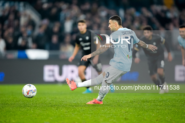 Mattia Zaccagni of SS Lazio scores second goal during the Serie A Enilive match between SS Lazio and Cagliari Calcio at Stadio Olimpico on N...