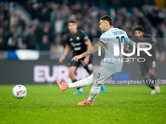 Mattia Zaccagni of SS Lazio scores second goal during the Serie A Enilive match between SS Lazio and Cagliari Calcio at Stadio Olimpico on N...