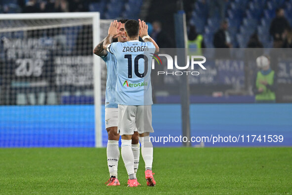 Mattia Zaccagni of S.S. Lazio celebrates after scoring the goal to make it 2-1 during the 11th day of the Serie A Championship between S.S....