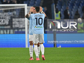 Mattia Zaccagni of S.S. Lazio celebrates after scoring the goal to make it 2-1 during the 11th day of the Serie A Championship between S.S....