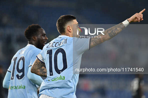 Mattia Zaccagni of S.S. Lazio celebrates after scoring the goal to make it 2-1 during the 11th day of the Serie A Championship between S.S....