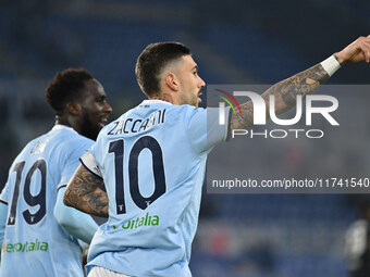 Mattia Zaccagni of S.S. Lazio celebrates after scoring the goal to make it 2-1 during the 11th day of the Serie A Championship between S.S....