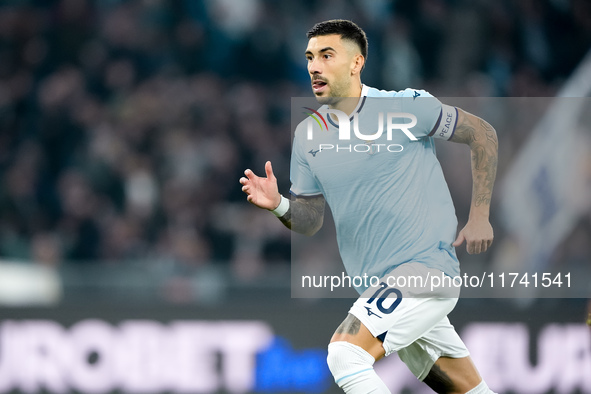 Mattia Zaccagni of SS Lazio celebrates after scoring second goal during the Serie A Enilive match between SS Lazio and Cagliari Calcio at St...