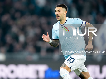 Mattia Zaccagni of SS Lazio celebrates after scoring second goal during the Serie A Enilive match between SS Lazio and Cagliari Calcio at St...