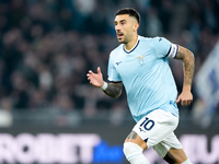 Mattia Zaccagni of SS Lazio celebrates after scoring second goal during the Serie A Enilive match between SS Lazio and Cagliari Calcio at St...