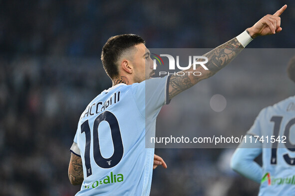 Mattia Zaccagni of S.S. Lazio celebrates after scoring the goal to make it 2-1 during the 11th day of the Serie A Championship between S.S....