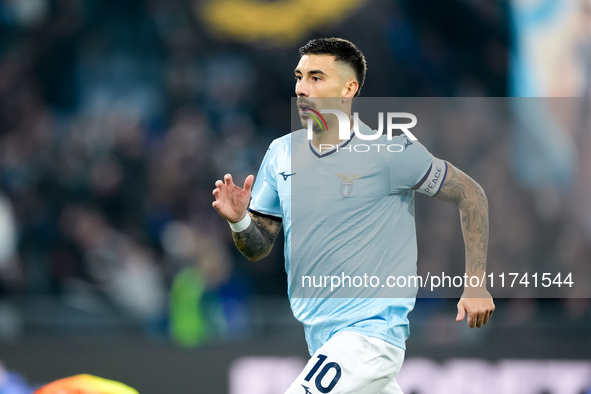 Mattia Zaccagni of SS Lazio celebrates after scoring second goal during the Serie A Enilive match between SS Lazio and Cagliari Calcio at St...