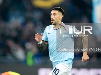 Mattia Zaccagni of SS Lazio celebrates after scoring second goal during the Serie A Enilive match between SS Lazio and Cagliari Calcio at St...