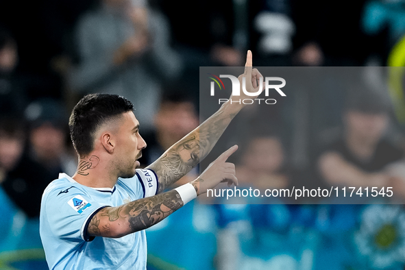 Mattia Zaccagni of SS Lazio celebrates after scoring second goal during the Serie A Enilive match between SS Lazio and Cagliari Calcio at St...