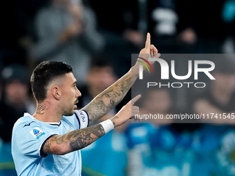 Mattia Zaccagni of SS Lazio celebrates after scoring second goal during the Serie A Enilive match between SS Lazio and Cagliari Calcio at St...