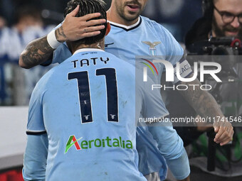 Mattia Zaccagni of S.S. Lazio celebrates after scoring the goal to make it 2-1 during the 11th day of the Serie A Championship between S.S....