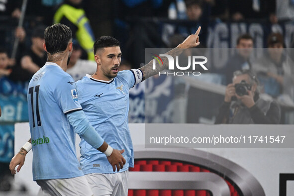 Mattia Zaccagni of S.S. Lazio celebrates after scoring the goal to make it 2-1 during the 11th day of the Serie A Championship between S.S....