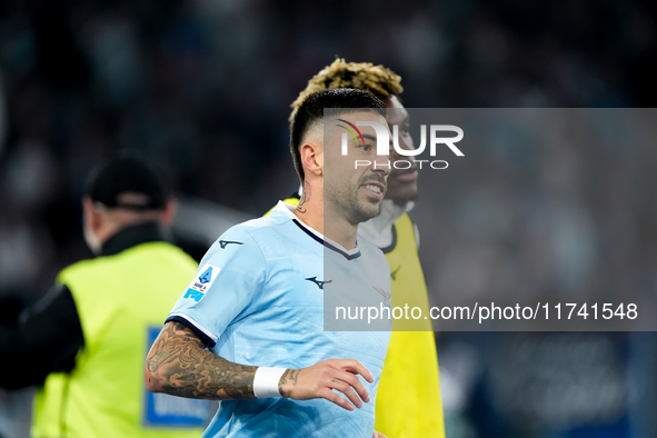 Mattia Zaccagni of SS Lazio celebrates after scoring second goal during the Serie A Enilive match between SS Lazio and Cagliari Calcio at St...