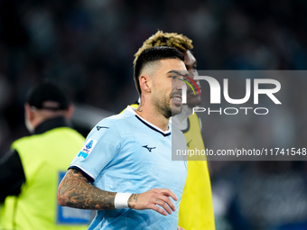 Mattia Zaccagni of SS Lazio celebrates after scoring second goal during the Serie A Enilive match between SS Lazio and Cagliari Calcio at St...