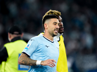 Mattia Zaccagni of SS Lazio celebrates after scoring second goal during the Serie A Enilive match between SS Lazio and Cagliari Calcio at St...