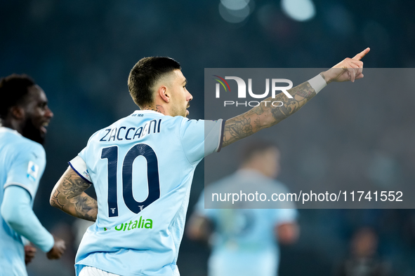 Mattia Zaccagni of SS Lazio celebrates after scoring second goal during the Serie A Enilive match between SS Lazio and Cagliari Calcio at St...