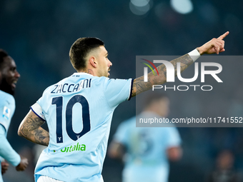 Mattia Zaccagni of SS Lazio celebrates after scoring second goal during the Serie A Enilive match between SS Lazio and Cagliari Calcio at St...