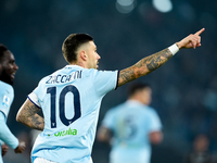 Mattia Zaccagni of SS Lazio celebrates after scoring second goal during the Serie A Enilive match between SS Lazio and Cagliari Calcio at St...