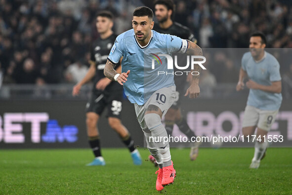 Mattia Zaccagni of S.S. Lazio celebrates after scoring the goal to make it 2-1 during the 11th day of the Serie A Championship between S.S....