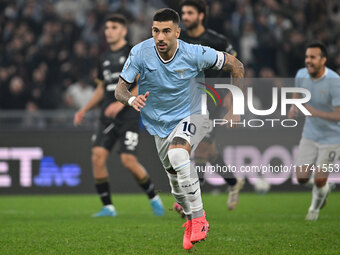 Mattia Zaccagni of S.S. Lazio celebrates after scoring the goal to make it 2-1 during the 11th day of the Serie A Championship between S.S....