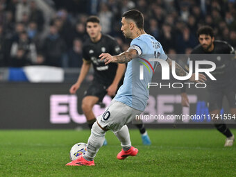 Mattia Zaccagni of S.S. Lazio scores the goal for 2-1 during the 11th day of the Serie A Championship between S.S. Lazio and Cagliari Calcio...