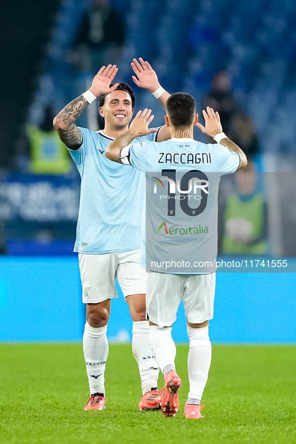 Mattia Zaccagni of SS Lazio celebrates after scoring second goal during the Serie A Enilive match between SS Lazio and Cagliari Calcio at St...