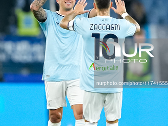 Mattia Zaccagni of SS Lazio celebrates after scoring second goal during the Serie A Enilive match between SS Lazio and Cagliari Calcio at St...