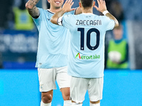 Mattia Zaccagni of SS Lazio celebrates after scoring second goal during the Serie A Enilive match between SS Lazio and Cagliari Calcio at St...