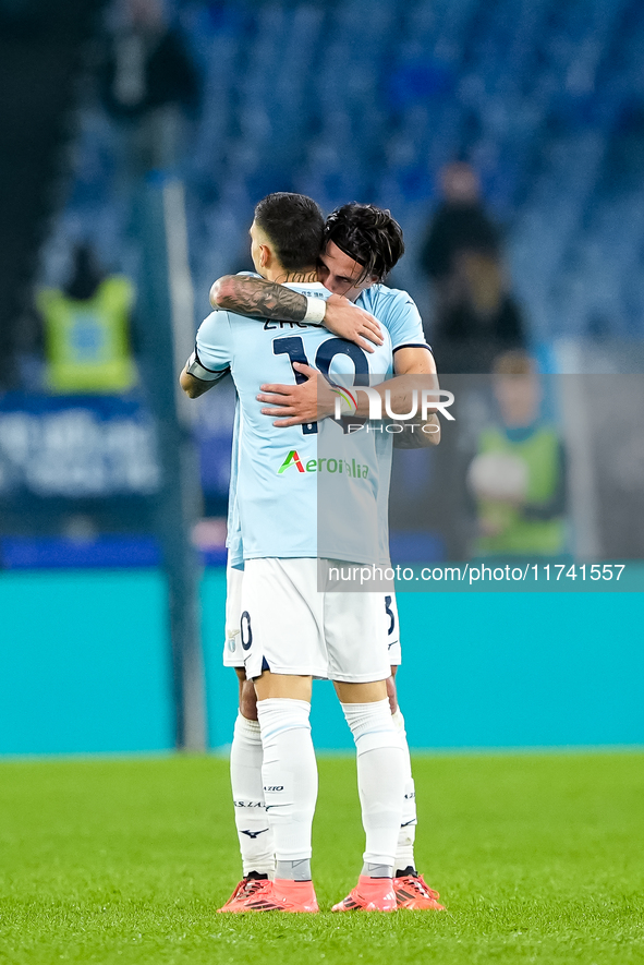 Mattia Zaccagni of SS Lazio celebrates after scoring second goal during the Serie A Enilive match between SS Lazio and Cagliari Calcio at St...