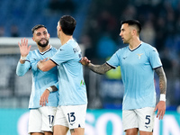 Taty Castellanos of SS Lazio greets Mina as he leaves the pitch receiving a red card during the Serie A Enilive match between SS Lazio and C...