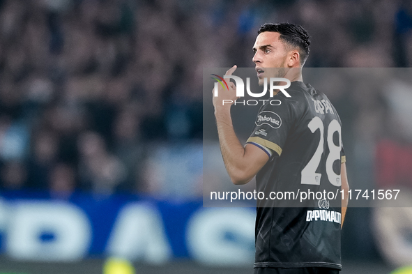 Gabriele Zappa of Cagliari Calcio gestures during the Serie A Enilive match between SS Lazio and Cagliari Calcio at Stadio Olimpico on Novem...