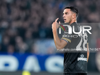 Gabriele Zappa of Cagliari Calcio gestures during the Serie A Enilive match between SS Lazio and Cagliari Calcio at Stadio Olimpico on Novem...