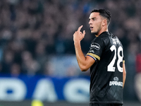 Gabriele Zappa of Cagliari Calcio gestures during the Serie A Enilive match between SS Lazio and Cagliari Calcio at Stadio Olimpico on Novem...