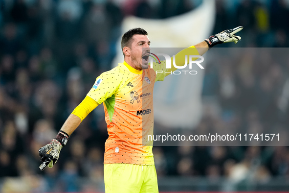 Simone Scuffet of Cagliari Calcio gestures during the Serie A Enilive match between SS Lazio and Cagliari Calcio at Stadio Olimpico on Novem...