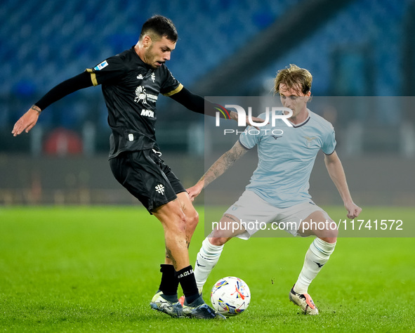 Nicolo' Rovella of SS Lazio and Gianluca Gaetano of Cagliari Calcio compete for the ball during the Serie A Enilive match between SS Lazio a...