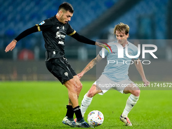 Nicolo' Rovella of SS Lazio and Gianluca Gaetano of Cagliari Calcio compete for the ball during the Serie A Enilive match between SS Lazio a...