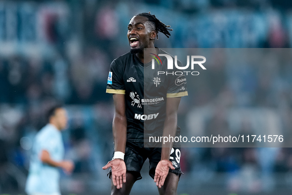 Antoine Makoumbou of Cagliari Calcio reacts during the Serie A Enilive match between SS Lazio and Cagliari Calcio at Stadio Olimpico on Nove...