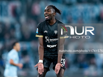 Antoine Makoumbou of Cagliari Calcio reacts during the Serie A Enilive match between SS Lazio and Cagliari Calcio at Stadio Olimpico on Nove...