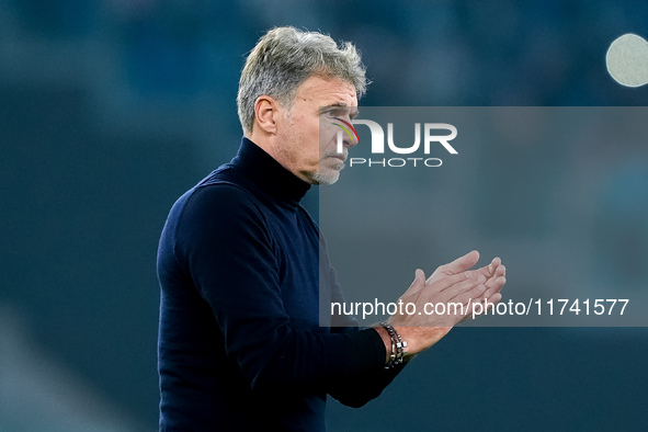 Marco Baroni head coach of SS Lazio greets supporters during the Serie A Enilive match between SS Lazio and Cagliari Calcio at Stadio Olimpi...