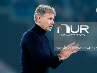 Marco Baroni head coach of SS Lazio greets supporters during the Serie A Enilive match between SS Lazio and Cagliari Calcio at Stadio Olimpi...