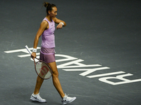 RIYADH, SAUDI ARABIA - NOVEMBER 04: Qinwen Zheng of China during her match against Elena Rybakina of Kazakhstan  on day 3 of the 2024 WTA Fi...