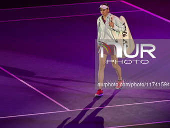 RIYADH, SAUDI ARABIA - NOVEMBER 04: Elena Rybakina of Kazakhstan arrives ahead of her match against Qinwen Zheng of China, on day 3 of the 2...