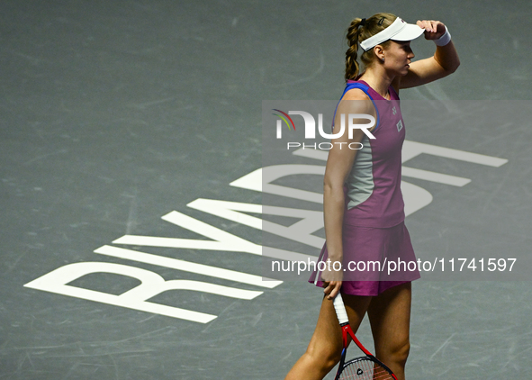 RIYADH, SAUDI ARABIA - NOVEMBER 04: Elena Rybakina of Kazakhstan during her match against  on day 3 of the 2024 WTA Finals, part of the Holo...