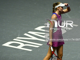 RIYADH, SAUDI ARABIA - NOVEMBER 04: Elena Rybakina of Kazakhstan during her match against  on day 3 of the 2024 WTA Finals, part of the Holo...