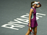 RIYADH, SAUDI ARABIA - NOVEMBER 04: Elena Rybakina of Kazakhstan during her match against  on day 3 of the 2024 WTA Finals, part of the Holo...